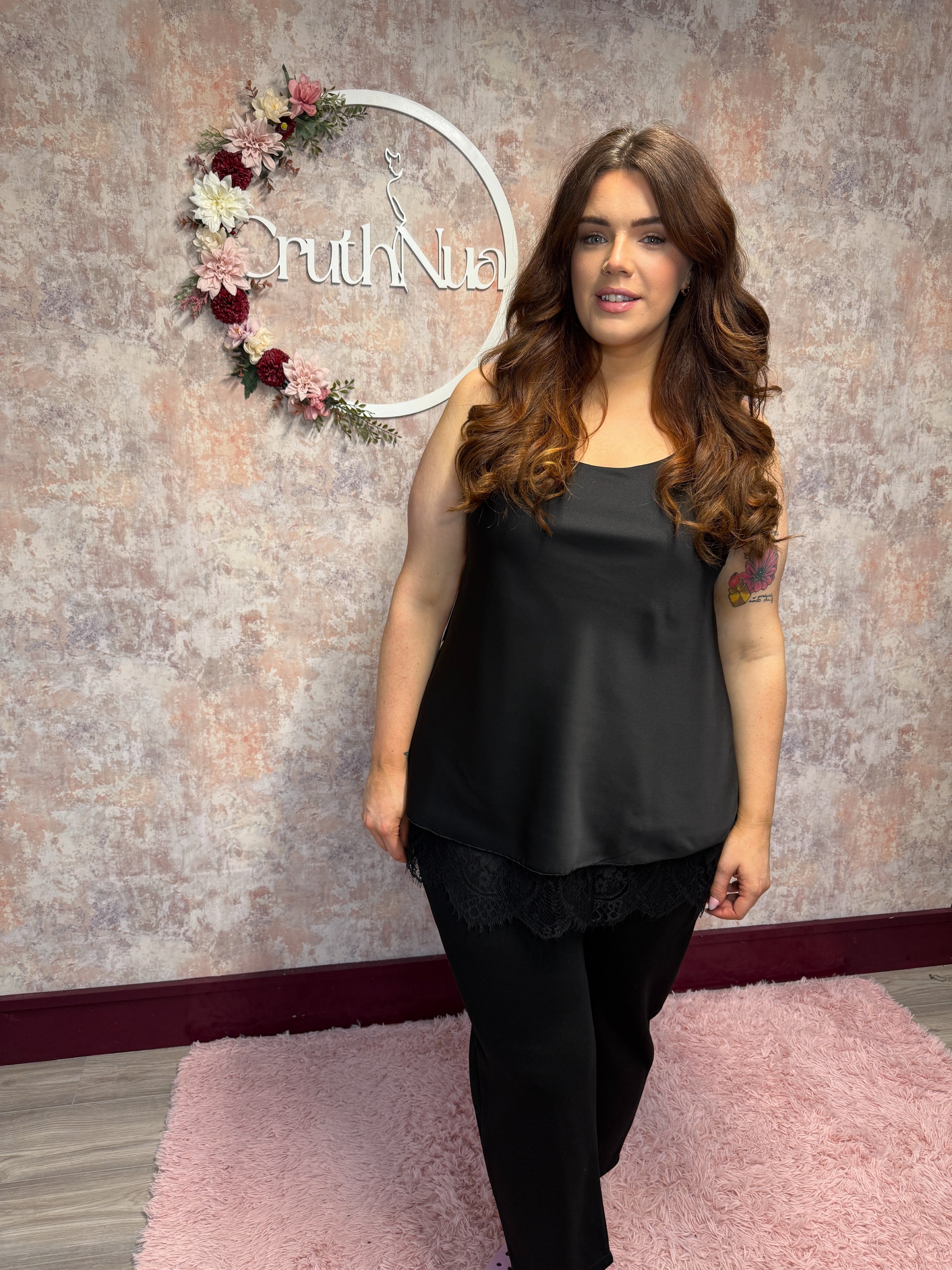 Silk feel lace bottom cami Black