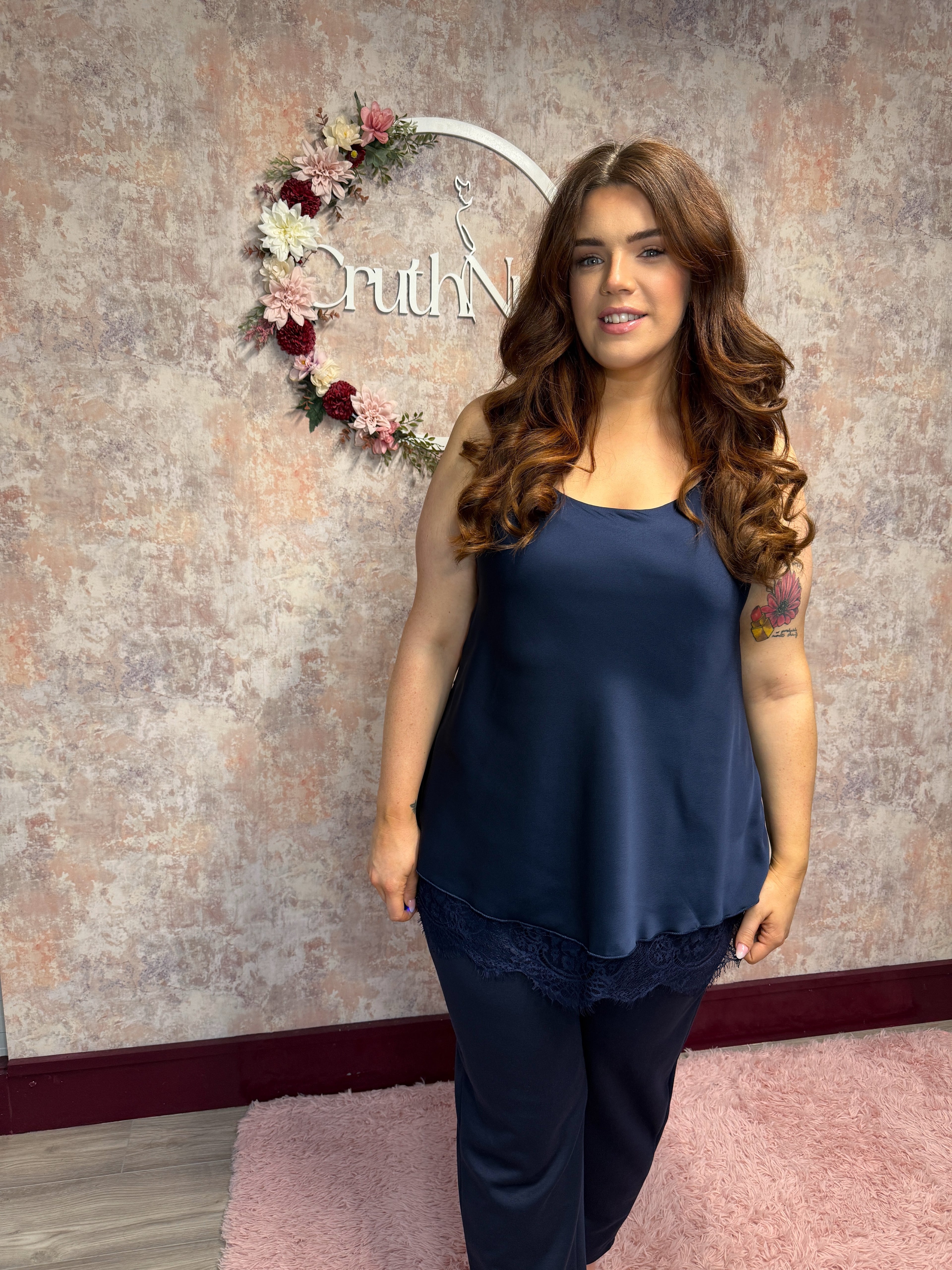 Silk feel lace bottom cami Navy