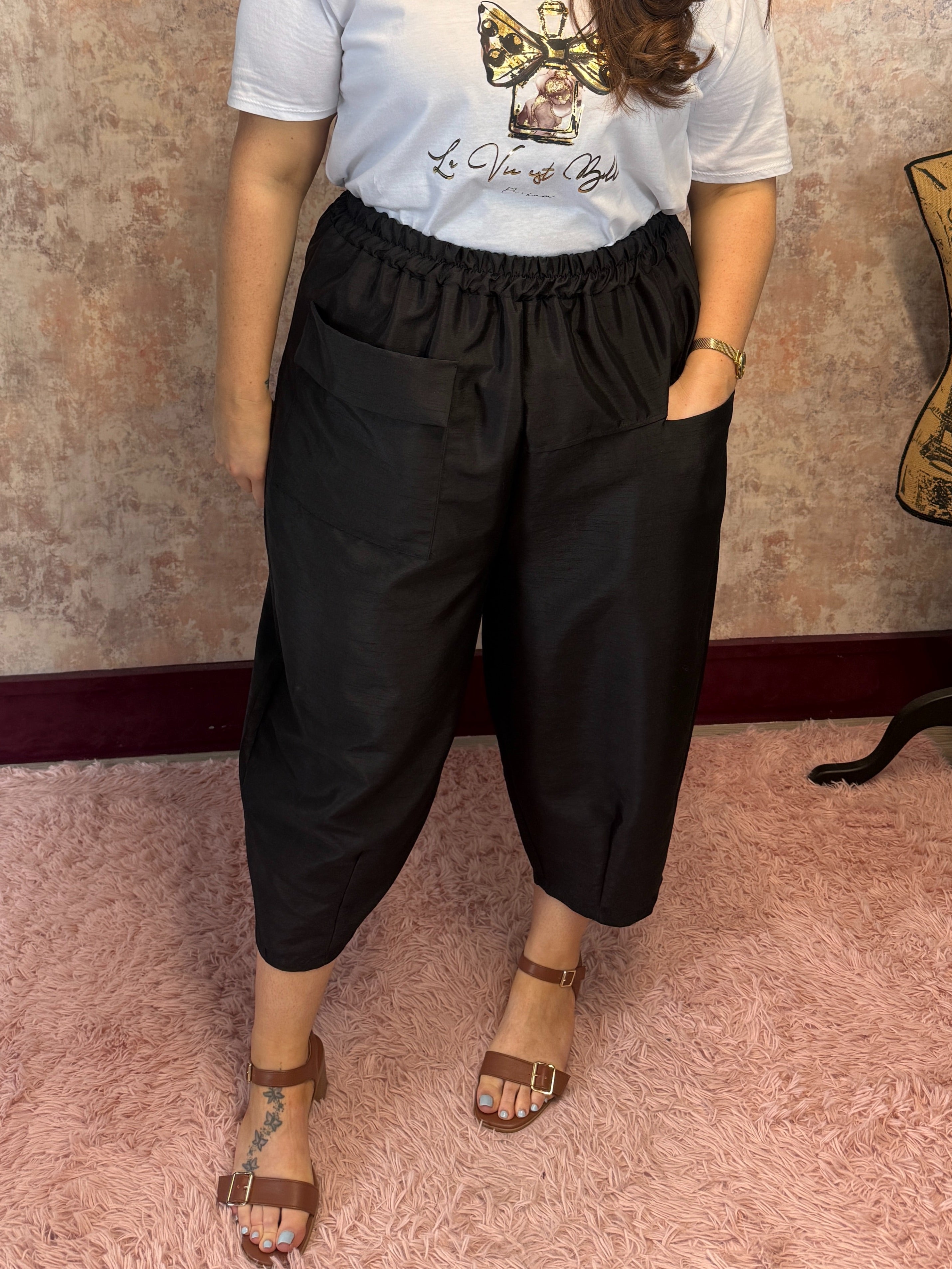 "Styling in Satin" barell leg trousers