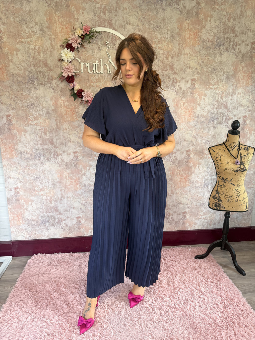 Pleated wide leg jumpsuit navy