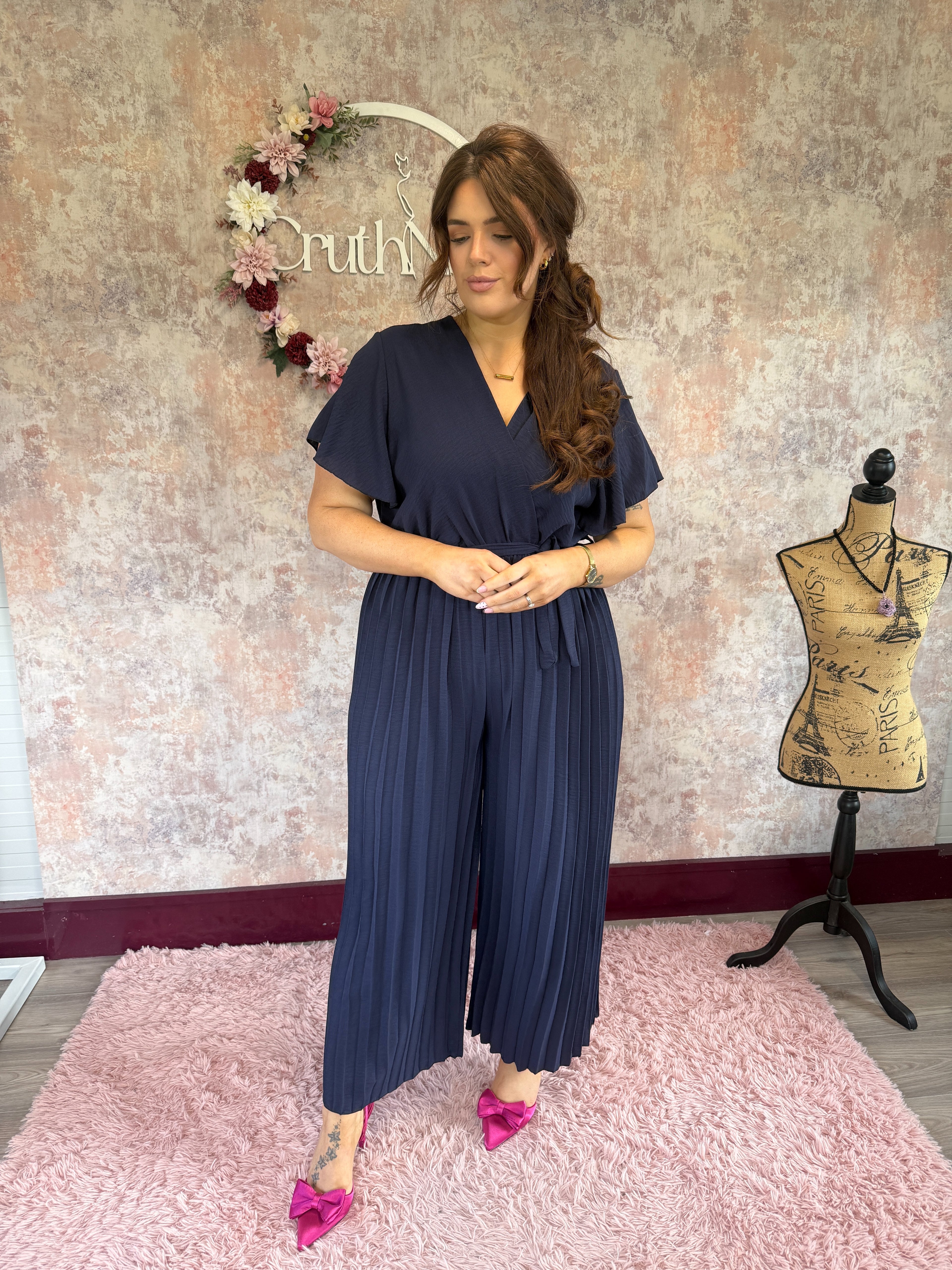 Pleated wide leg jumpsuit navy
