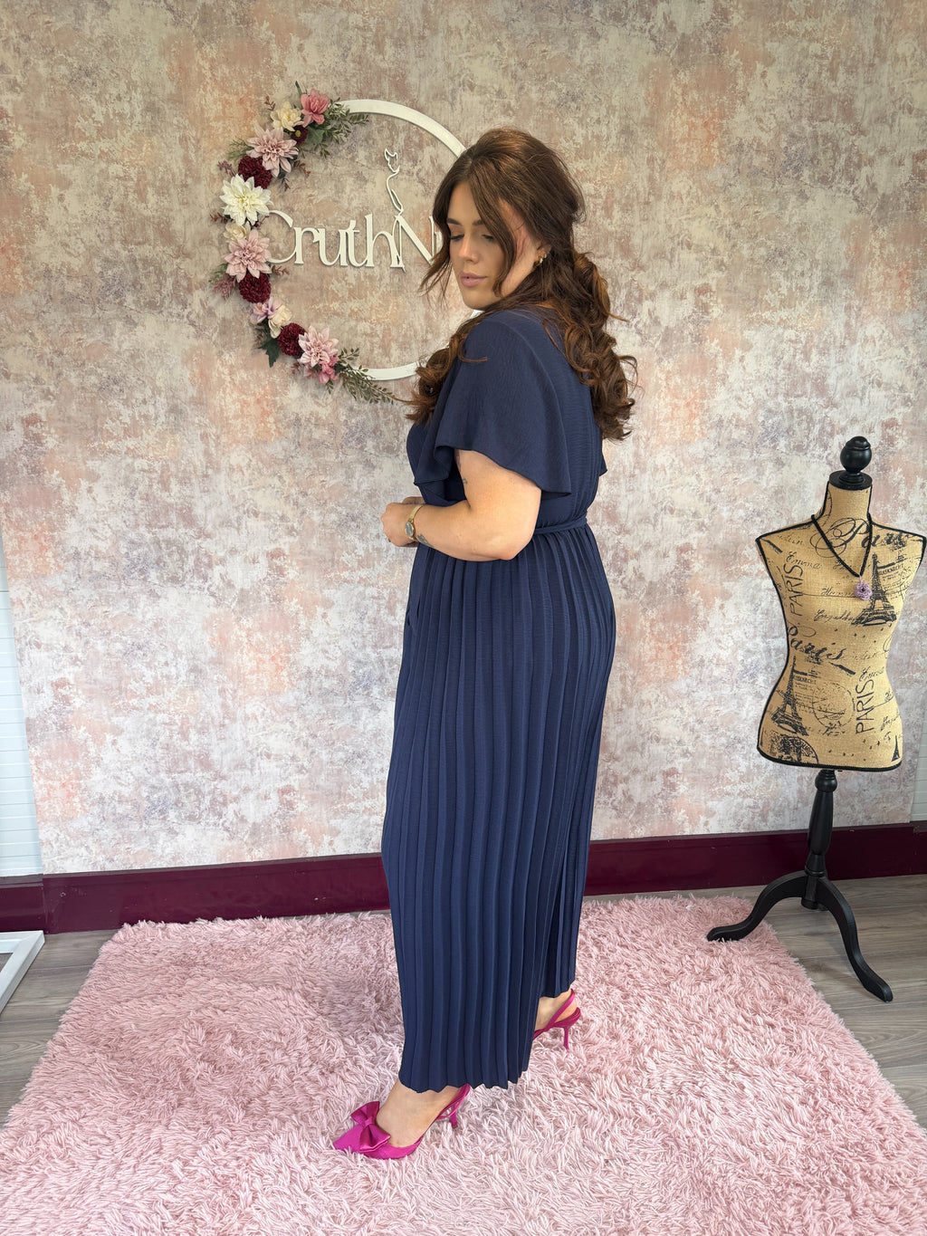 Pleated wide leg jumpsuit navy