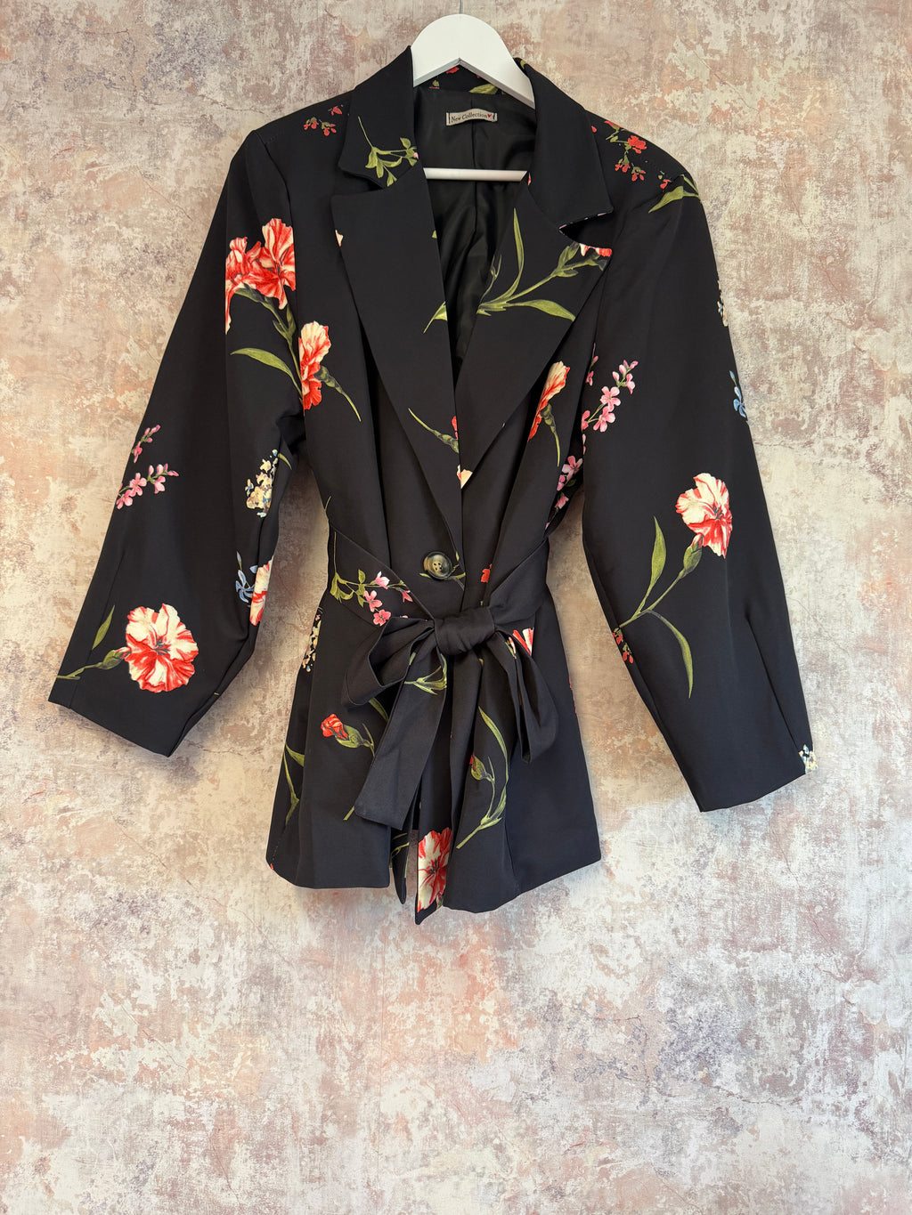 Tie Waist Floral Print Blazer Black