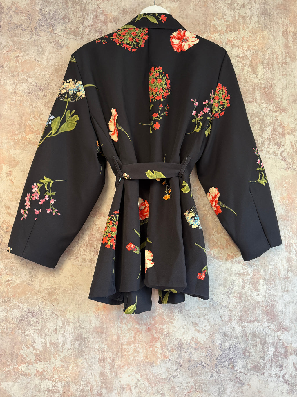 Tie Waist Floral Print Blazer Black