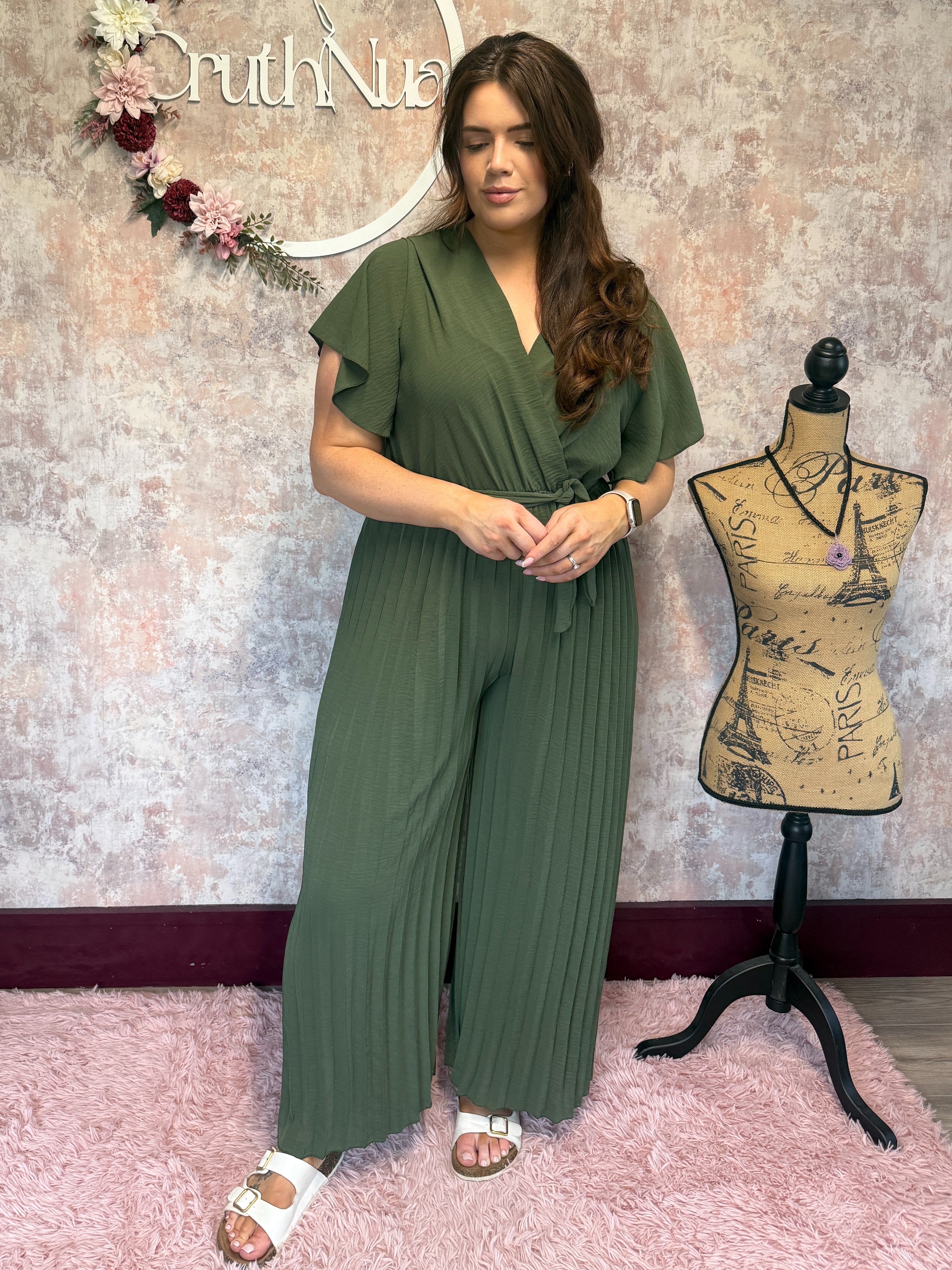 Pleated wide leg jumpsuit khaki
