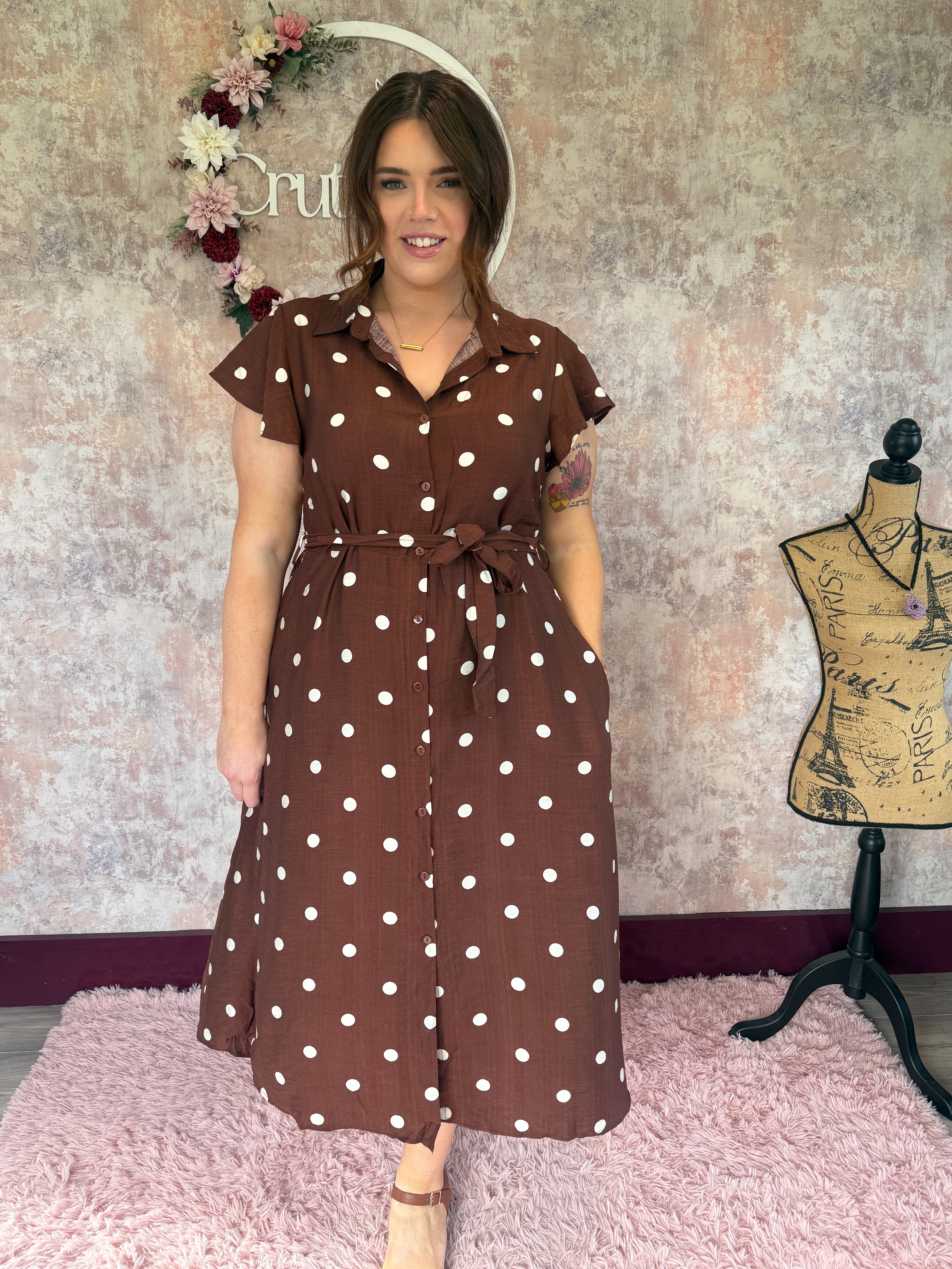 Polka Dot shirt Dress Brown and white