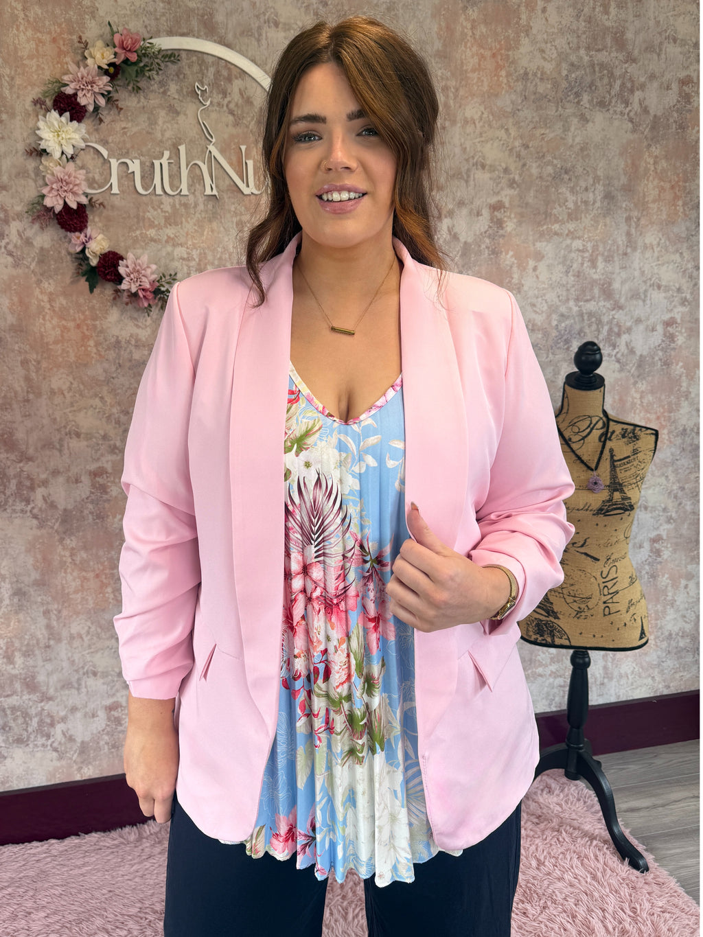 Ruched Sleeve Blazer Baby Pink