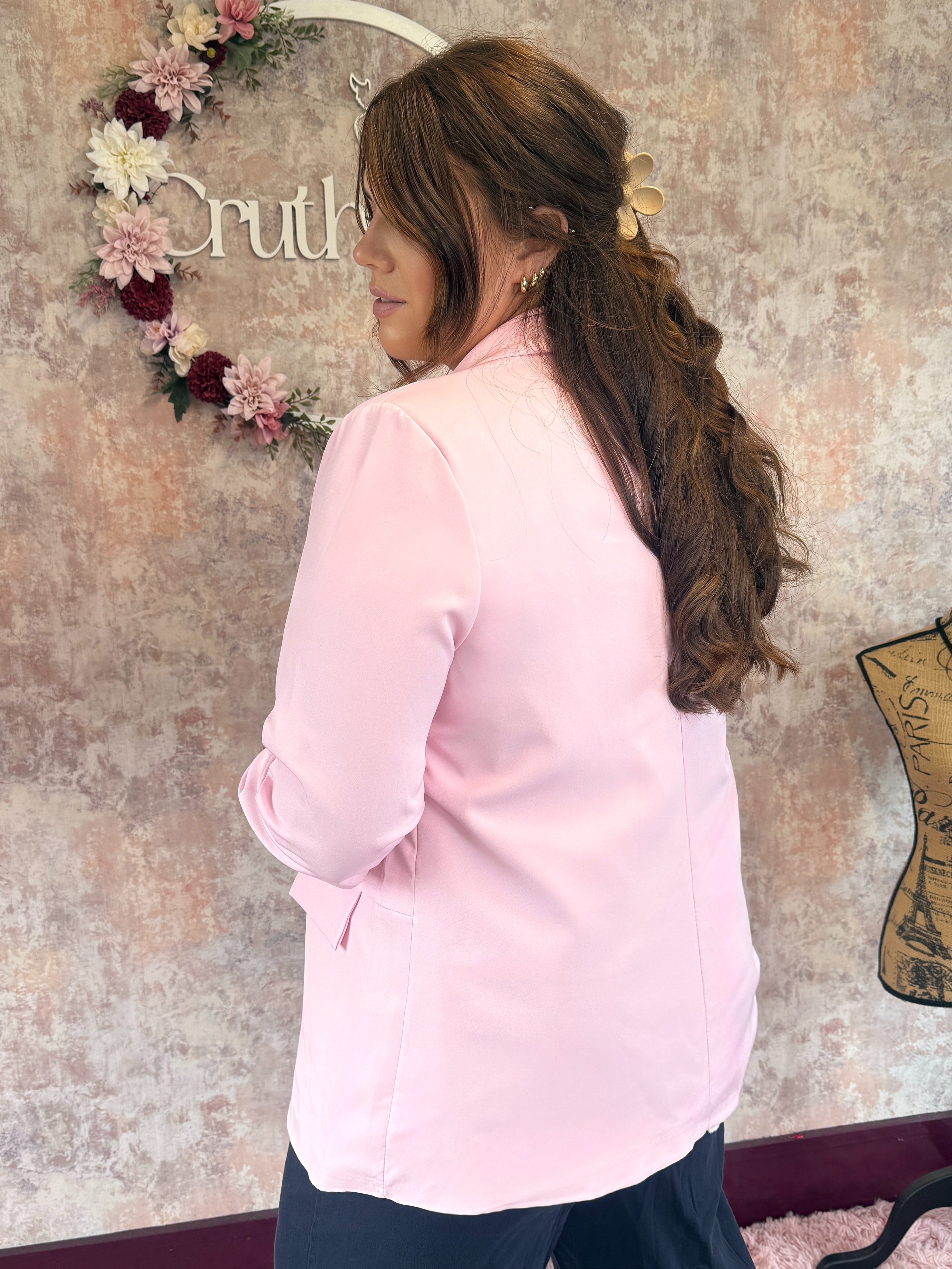 Ruched Sleeve Blazer Baby Pink