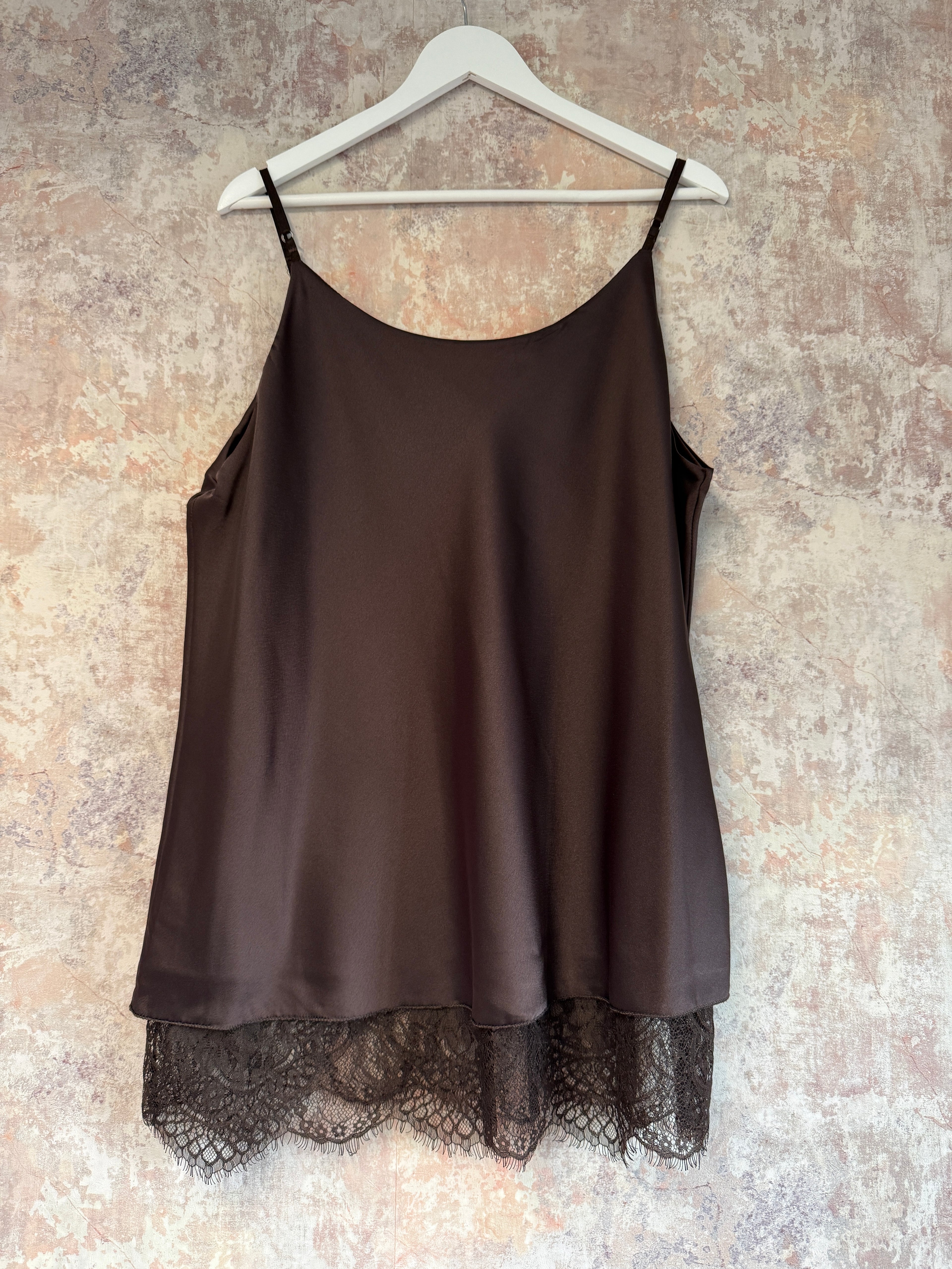 Silk feel lace bottom cami Brown