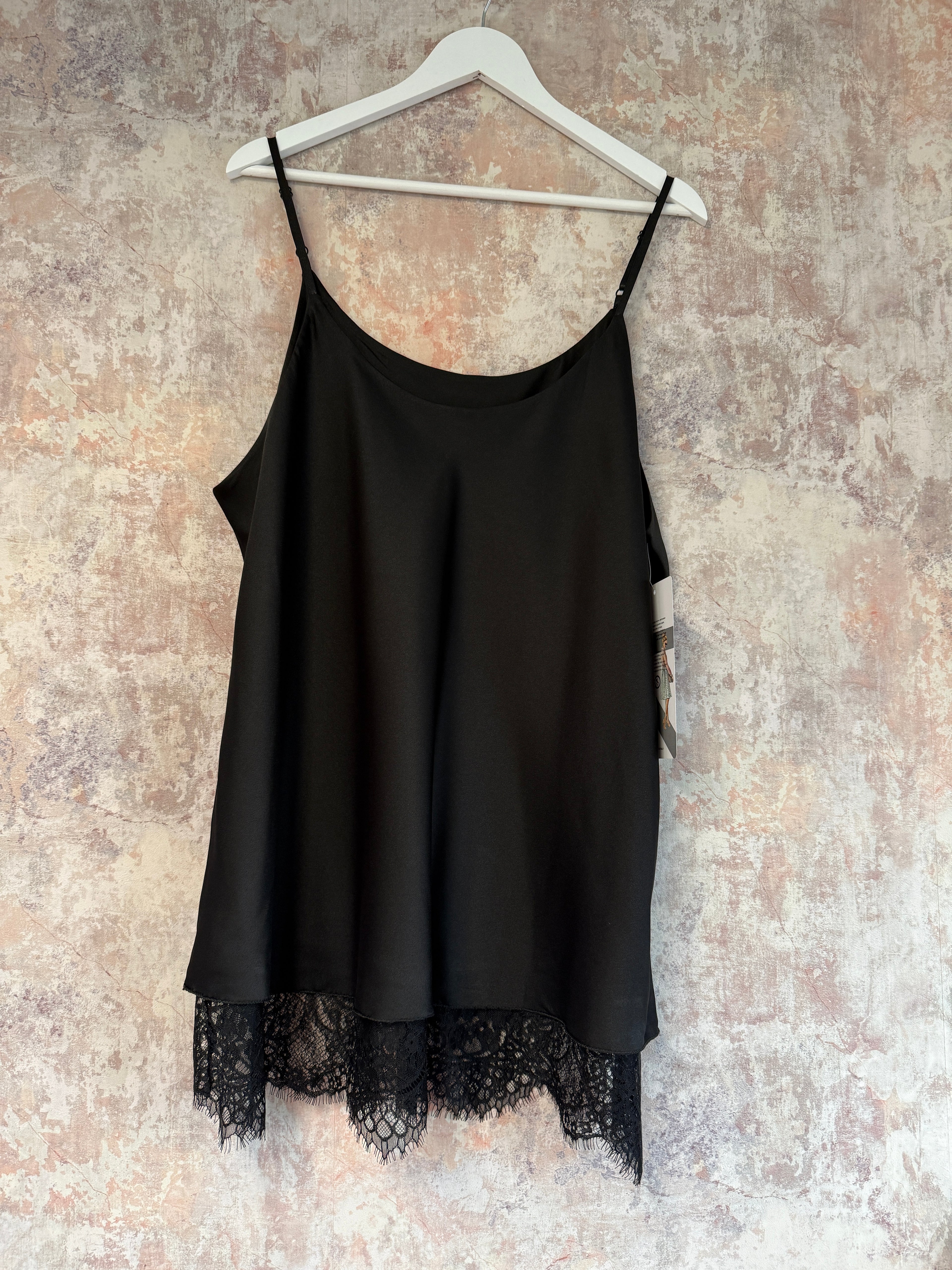 Silk feel lace bottom cami Black