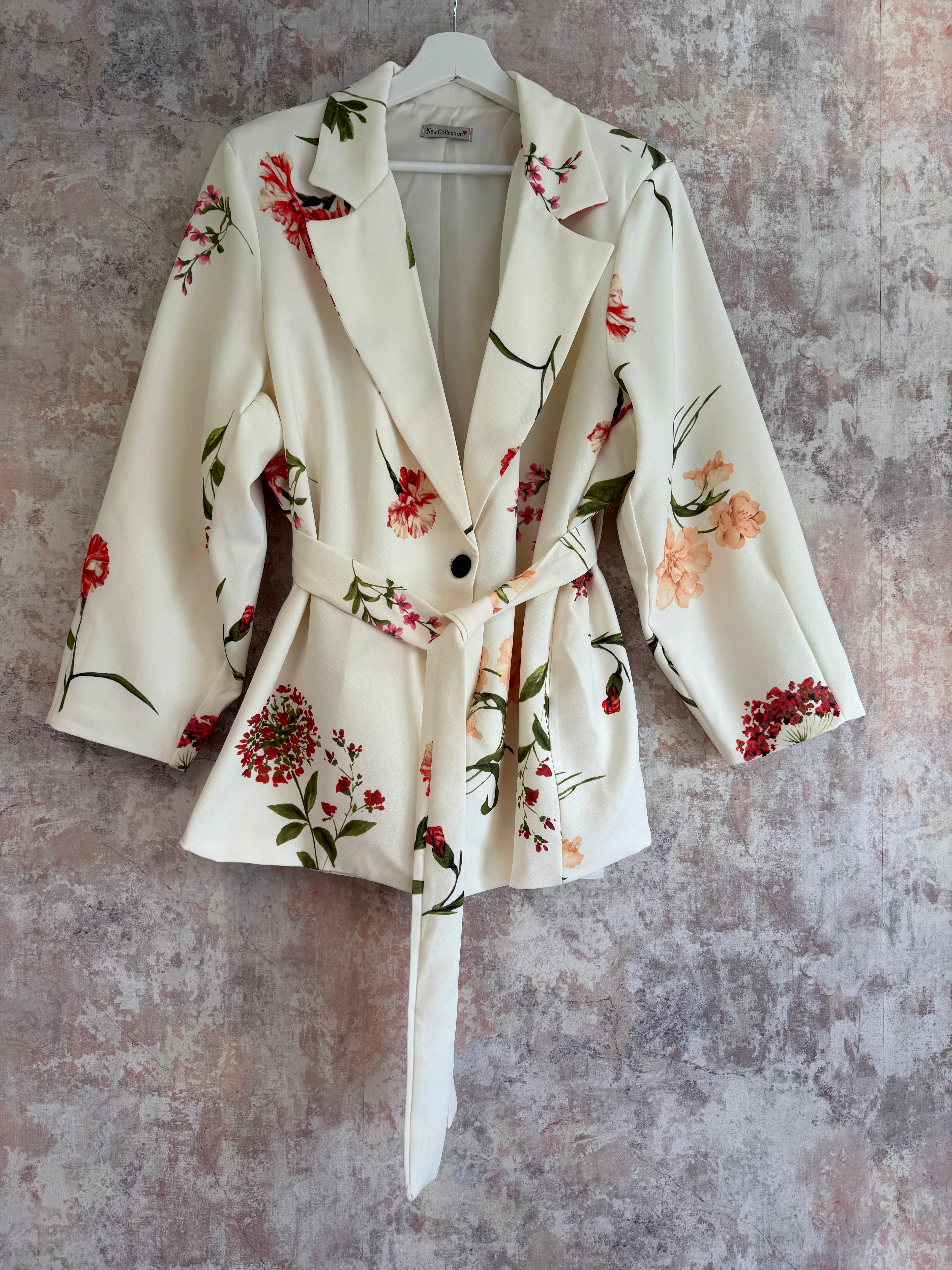 Tie Waist Floral Print Blazer White