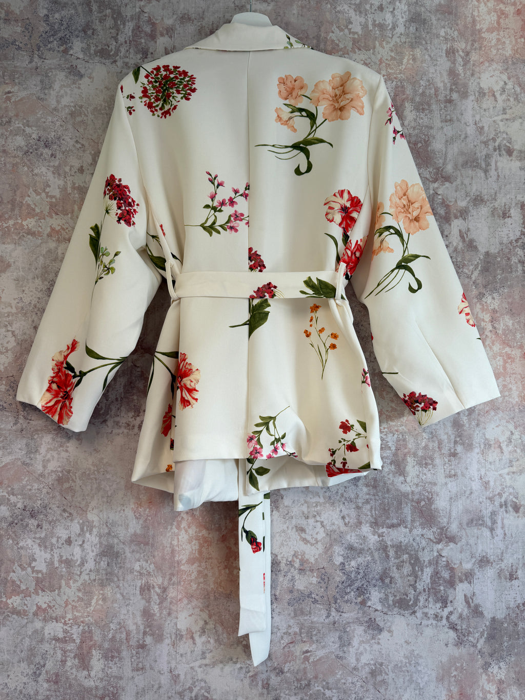 Tie Waist Floral Print Blazer White