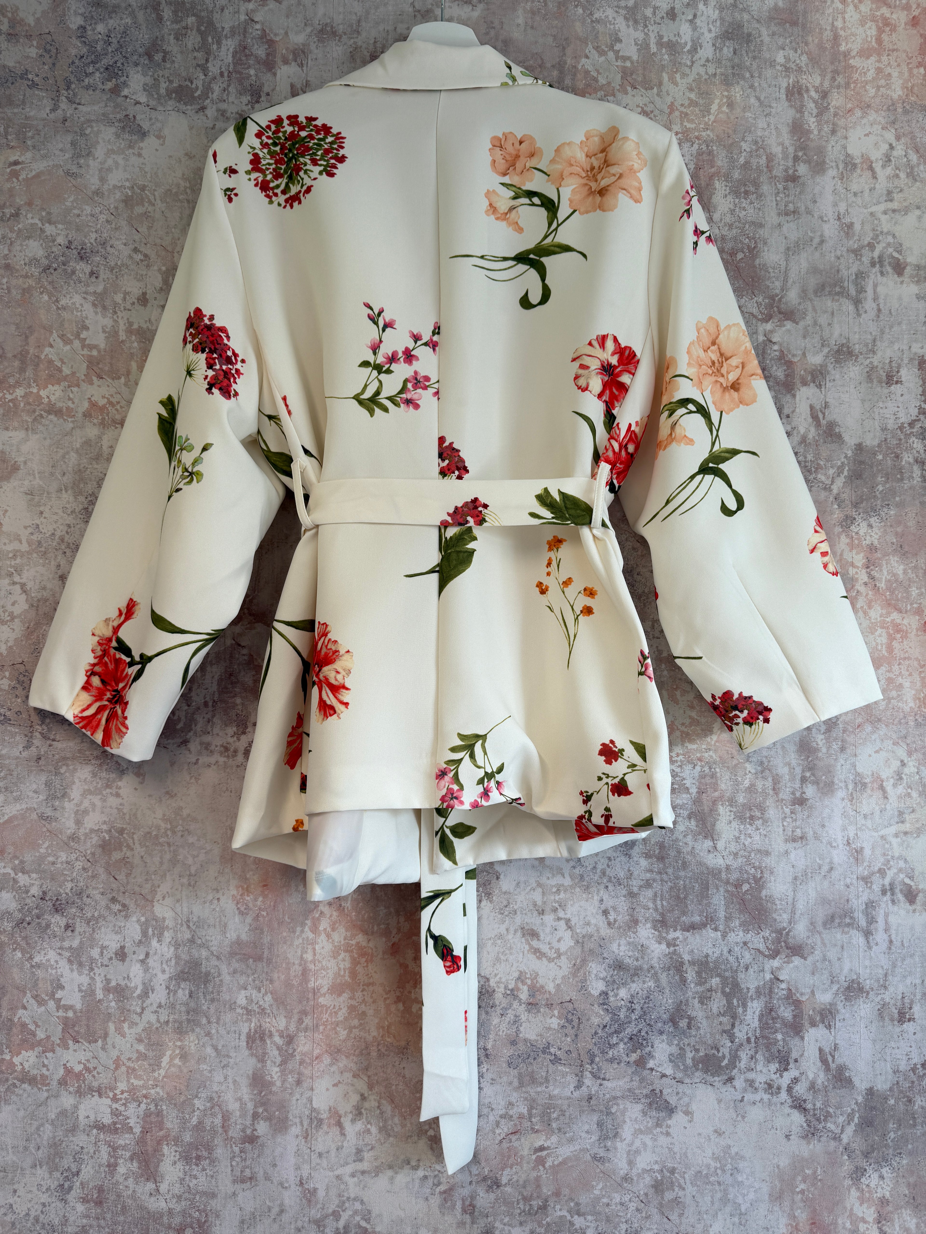 Tie Waist Floral Print Blazer White