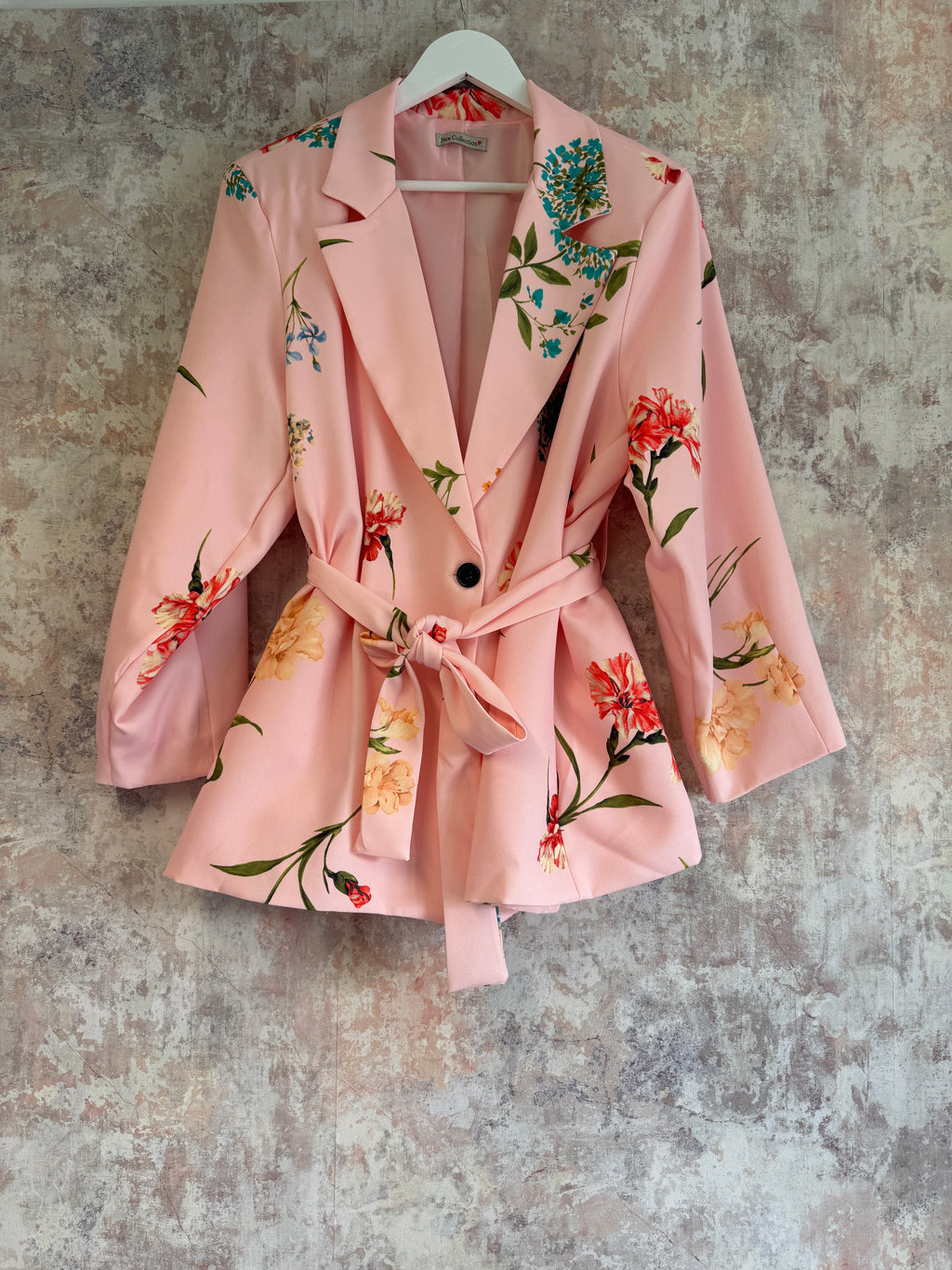 Tie Waist Floral Print Blazer Pink