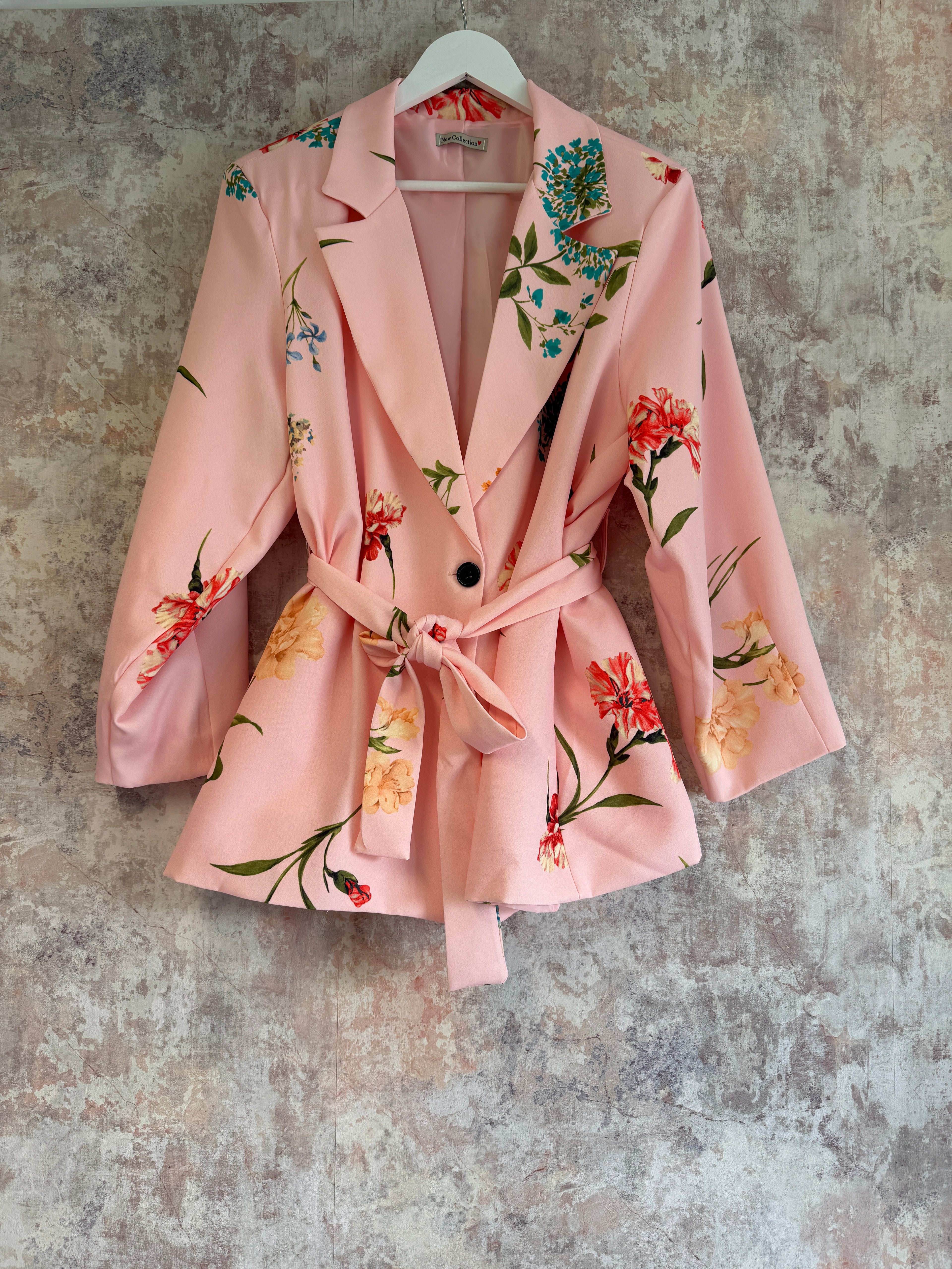 Tie Waist Floral Print Blazer Pink