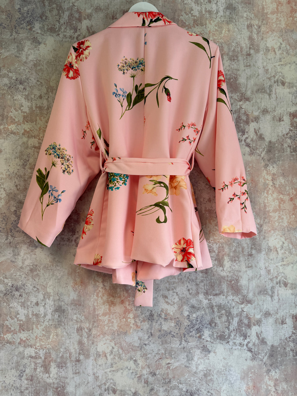 Tie Waist Floral Print Blazer Pink
