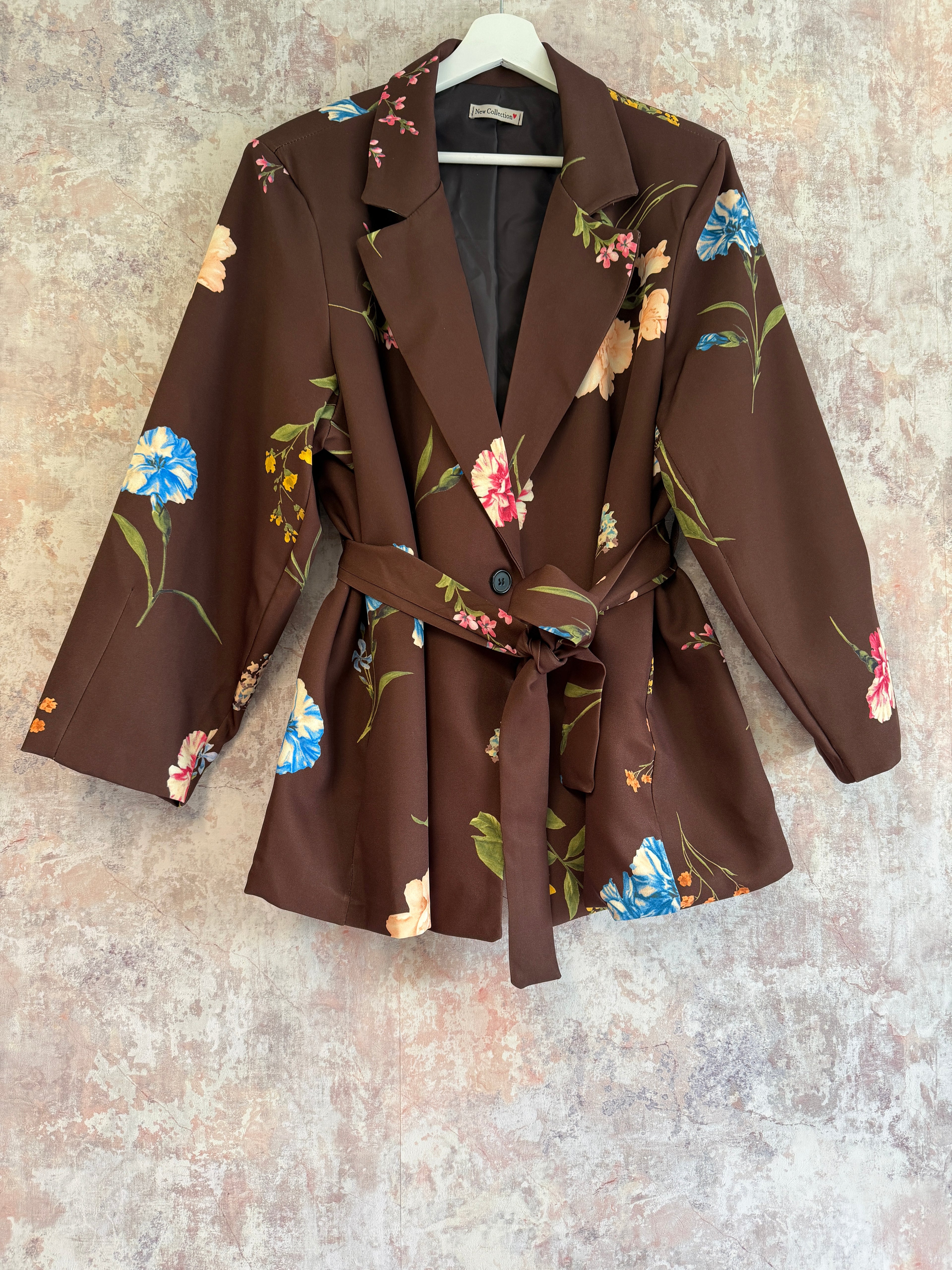 Tie Waist Floral Print Blazer Brown