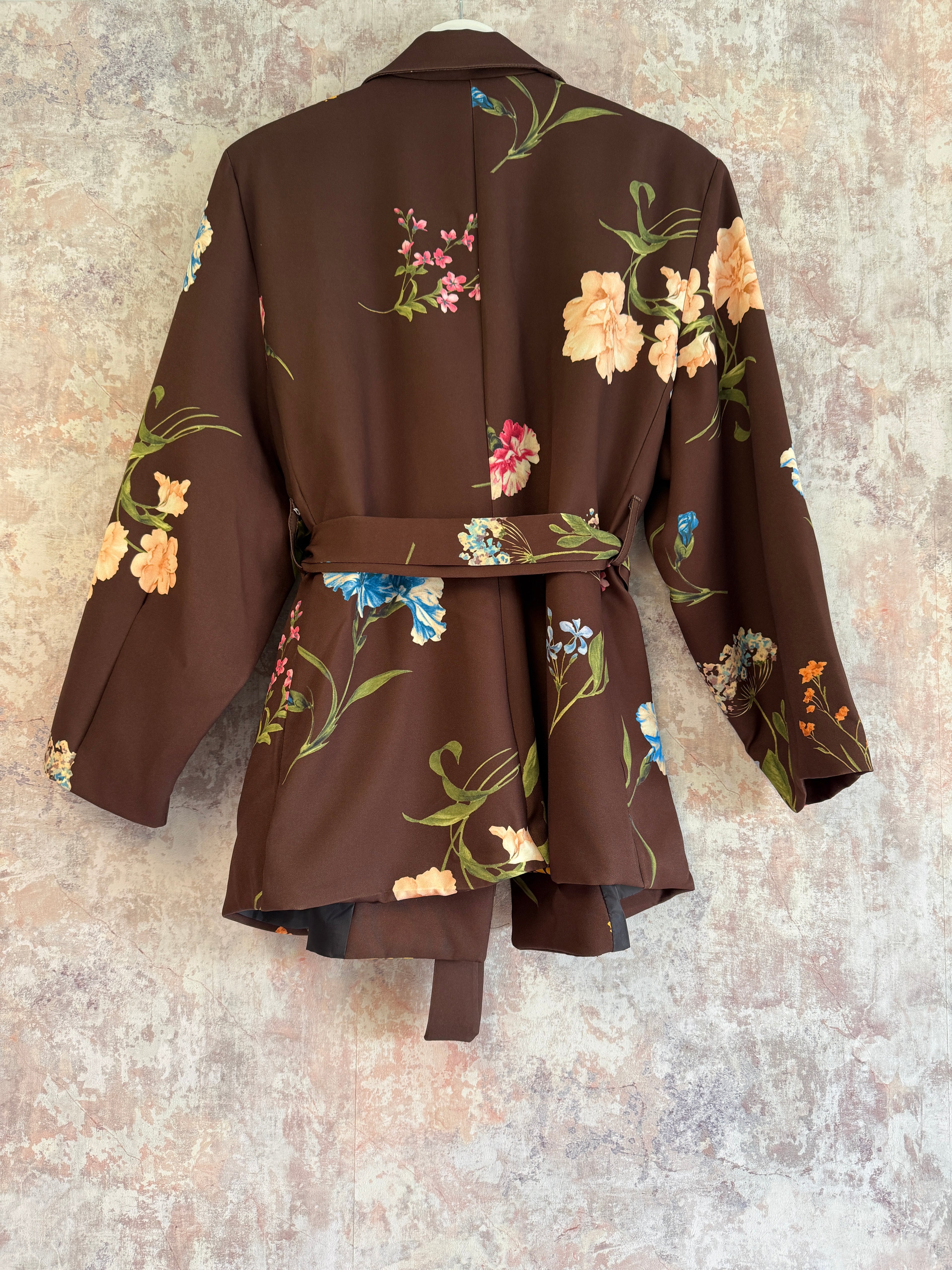 Tie Waist Floral Print Blazer Brown