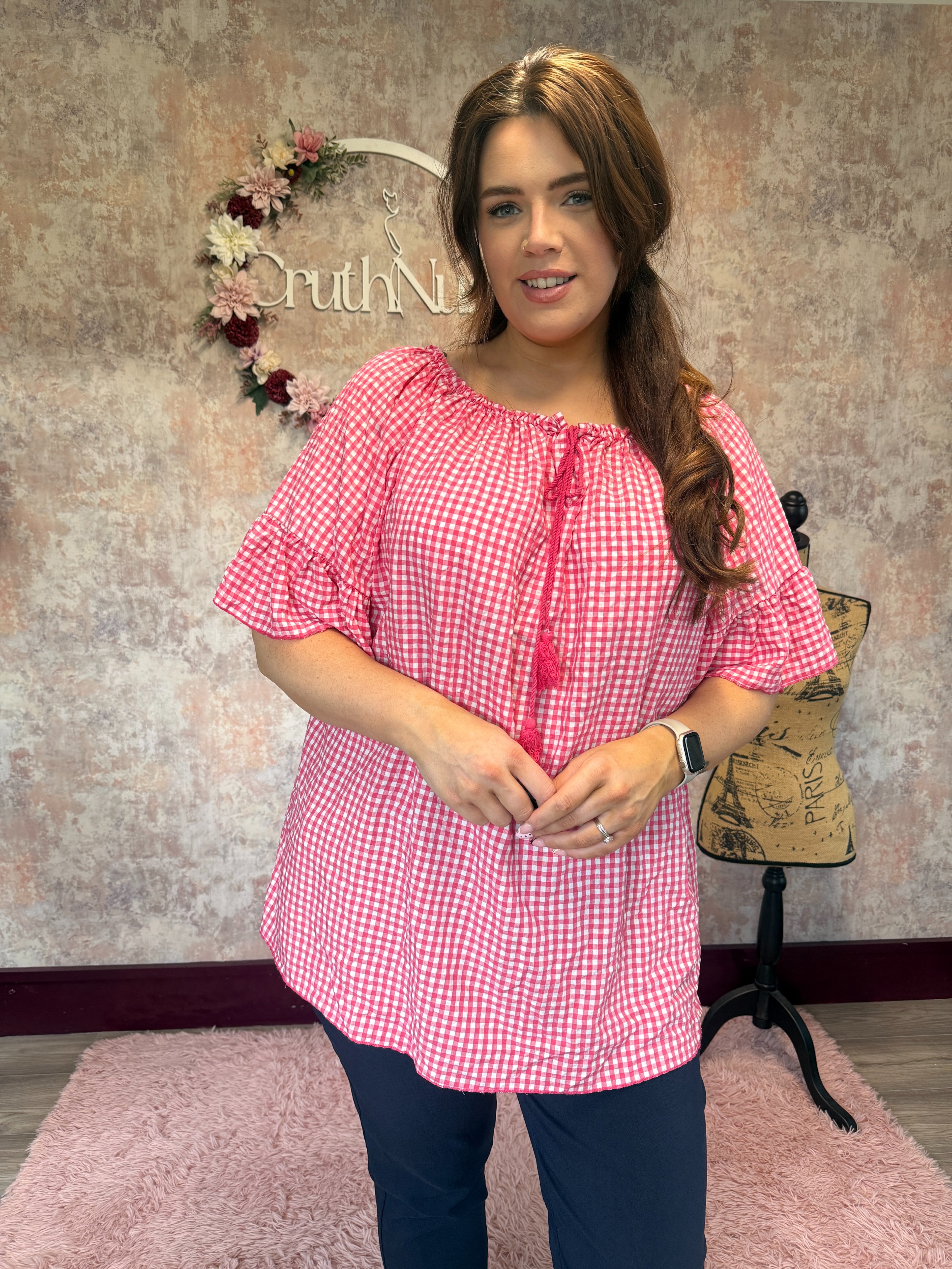 Raspberry check blouse